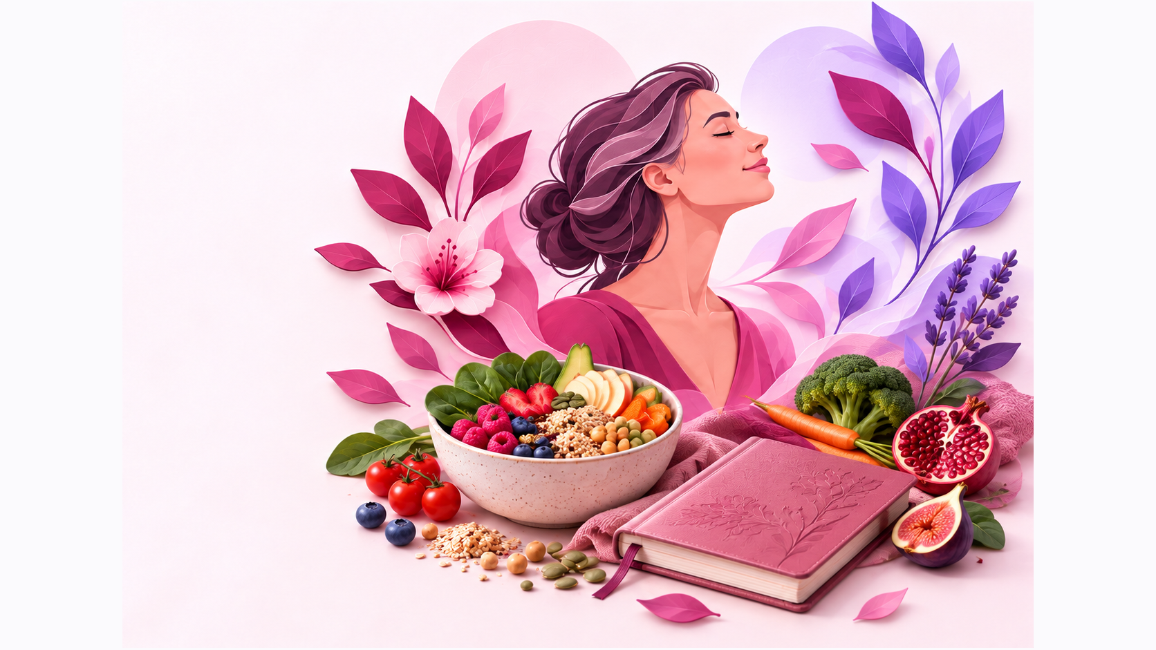 Aliments et carnet dans une illustration rose et violette