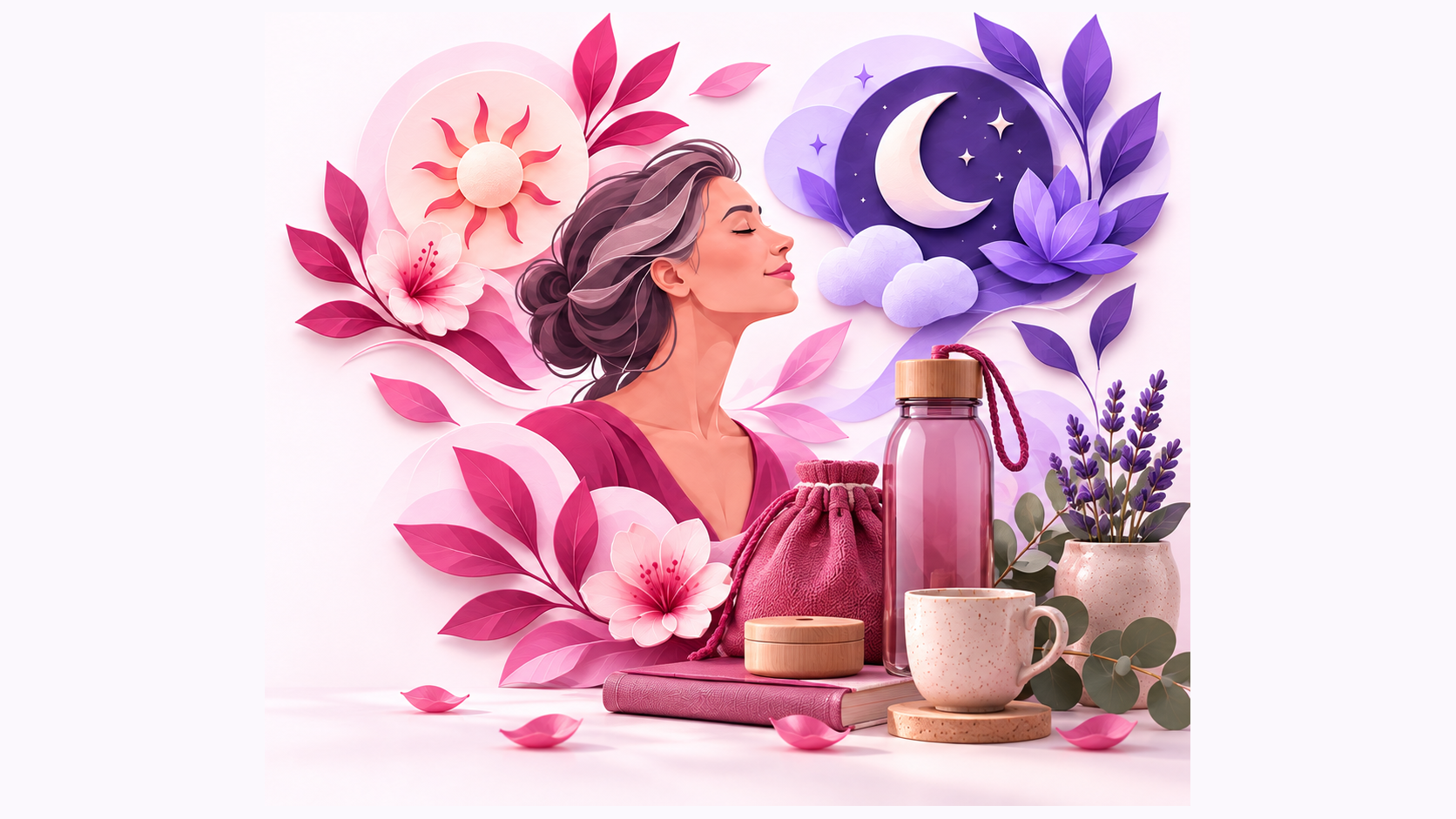 Objets du quotidien et plantes dans une illustration apaisante