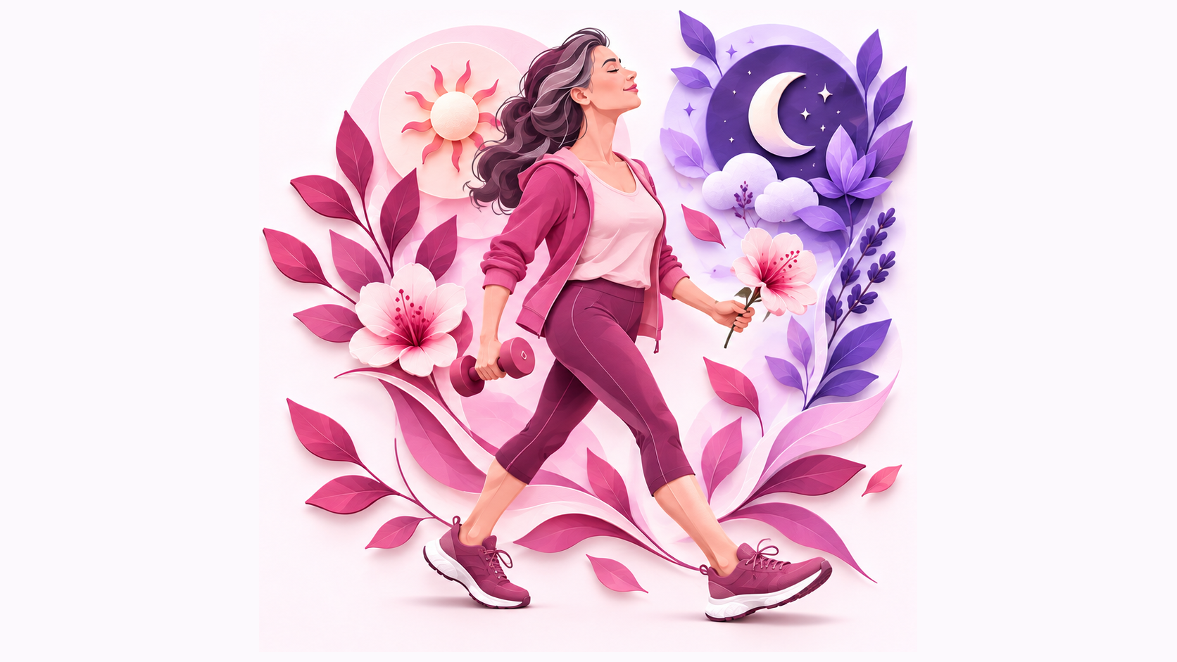 Chaussures et mouvement dans une illustration rose et violette