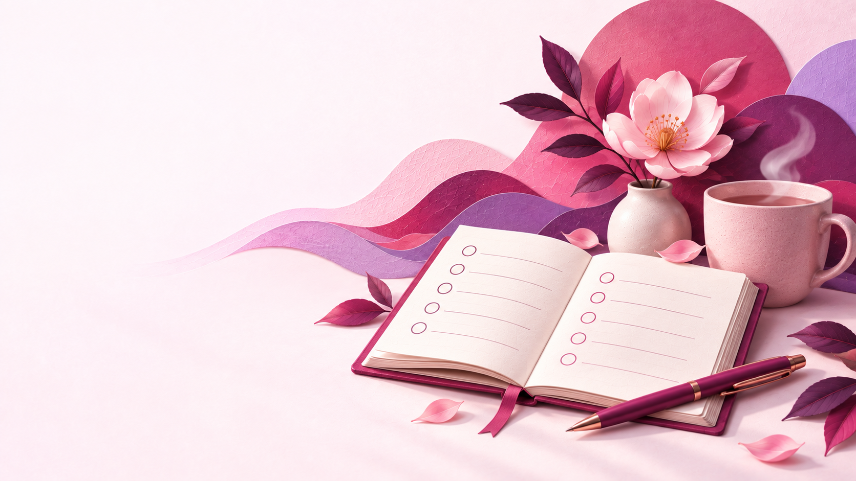 Carnet de repères, tasse et fleur dans une composition rose et violette