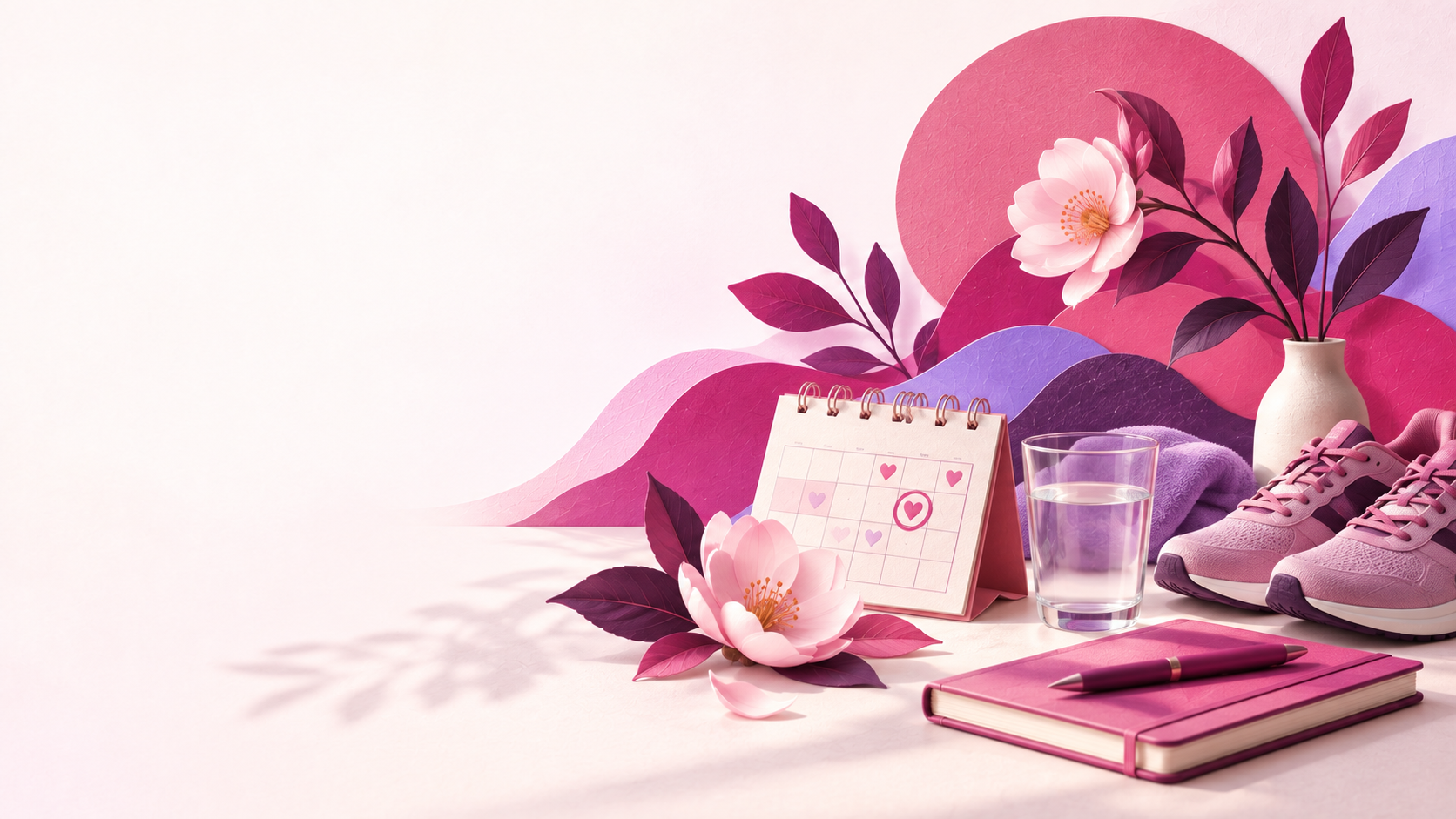 Carnet, calendrier, eau et chaussures de marche dans une composition rose et violette