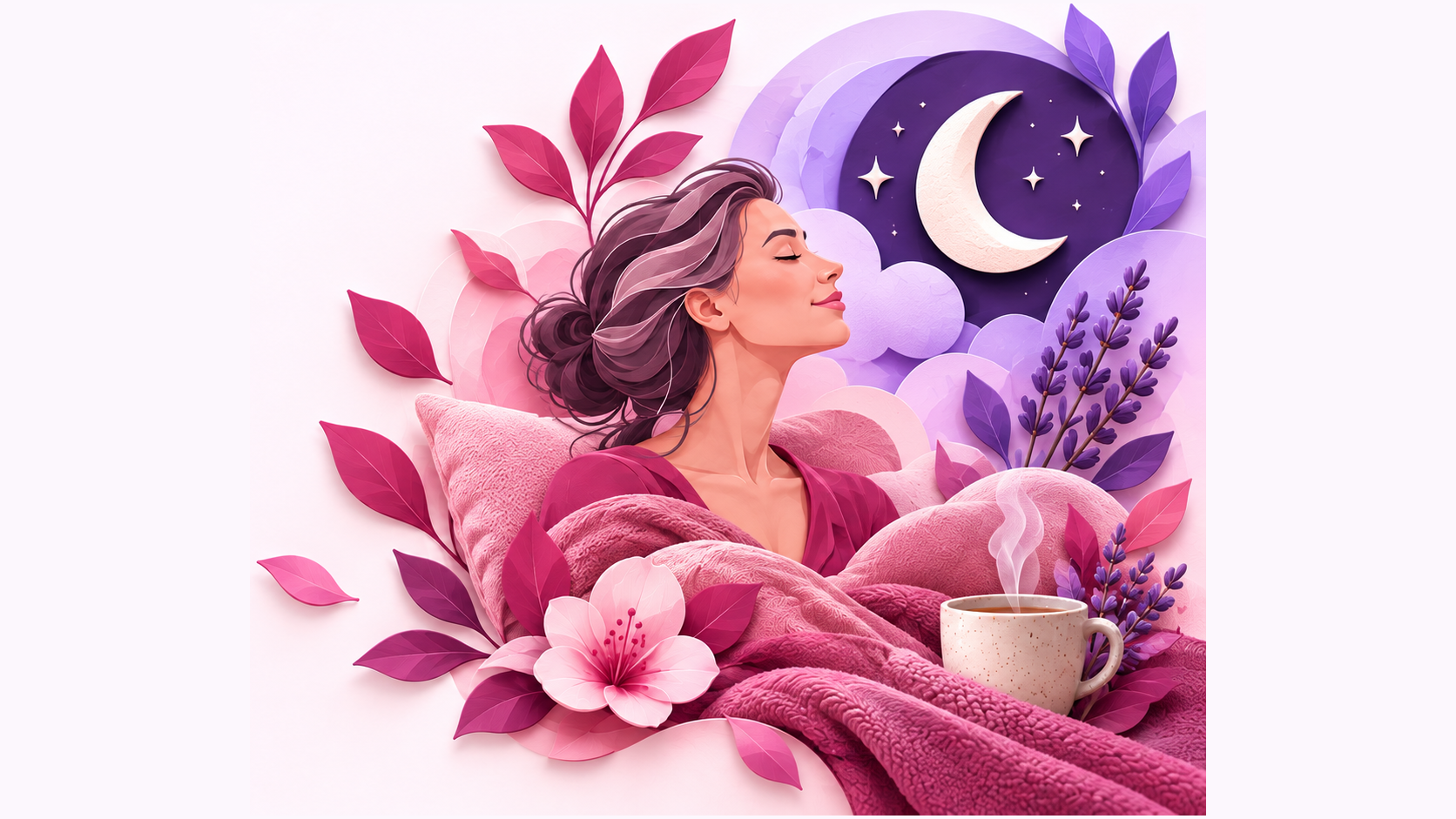 Lune et rituel de repos dans une illustration rose et violette